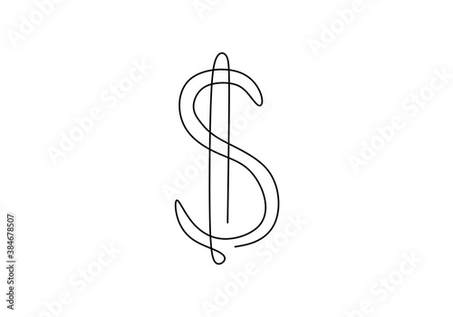 Continuous one line drawing of dollar sign isolated on white background. Dollar money symbol with scribble hand drawn sketch line art. Minimalism design. Concept of money storage, money, finance