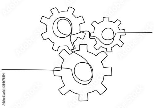 One continuous line of moving gears wheels. Three cogwheels connected. Symbol of teamwork, development. Round wheel metal symbol company logotype template for business teamwork concept