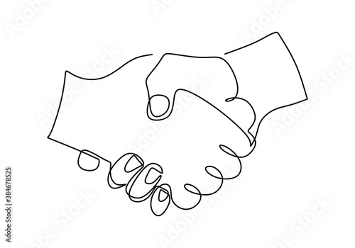 Continuous one single line drawing of a handshake. A hand's business partner and shaking their hands to deal a contract isolated on white background. Business agreement concept. Vector illustration