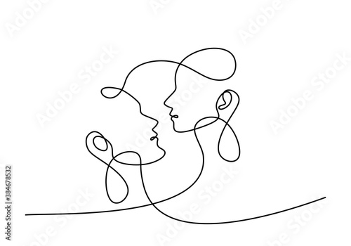Man and woman couple in love. Continuous one single line a couple falling in love and shows their emotions. Showing love with a kiss. Valentine style minimalism design. Vector illustration