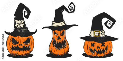 Set of Illustrations of scary halloween pumpkin in witch hats. Design element for poster,card, banner, sign, emblem. Vector illustration