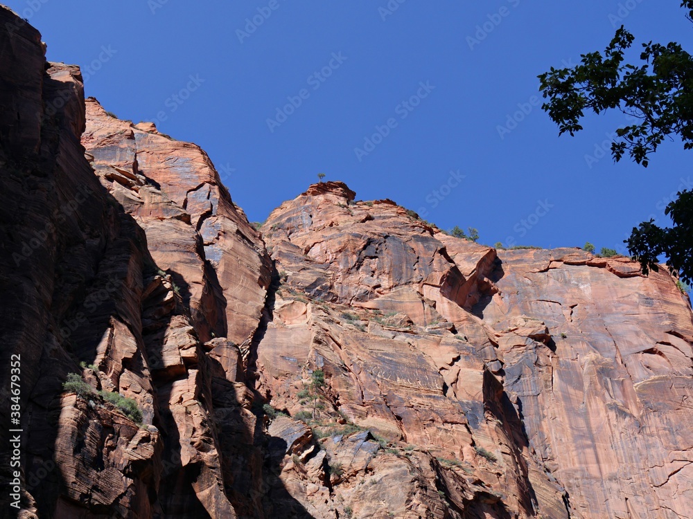 Close up of red rocky cliff peaks at Zion National Park, Utah.