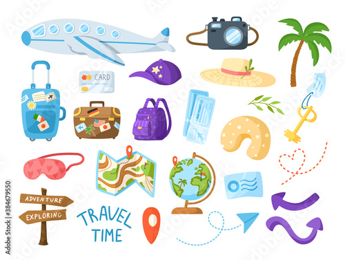 Traveling cartoon bundle, kids travel or vacation clipart set - plane, palm tree, suitcase, air tickets, map, globe, road pointer, camera, backpack - isolated elements on white background - vector