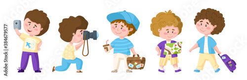 Traveling cartoon cute boys, kids travel or vacation clipart bundle, people characters with trip suitcase, camera, mobile phone, map, coffee cup, hat - isolated elements on white background - vector