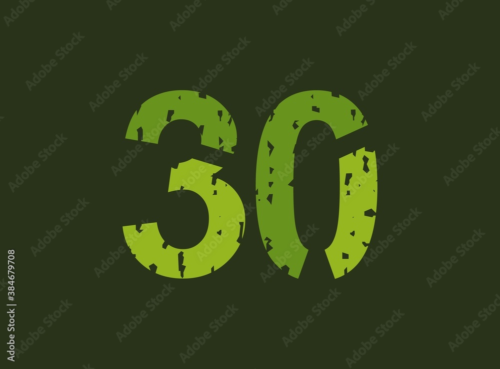 30 vector number made of grungy, grunge texture. Rubber stamp imprint style. For logo, brand label, poster, design elements etc.