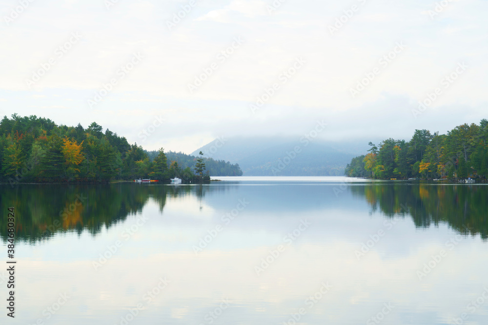  landscape of morning lake with autumn forest