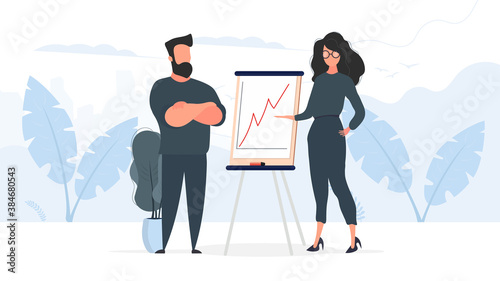 The girl shows a report to the boss. Presentation with positive dynamics. Board for paper. Infographics. Business growth. Vector.