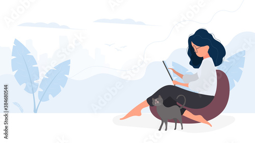 The girl sits on an ottoman and works at a laptop. A woman with a laptop sits on a large pouf. The cat rubs against the girl's leg. Vector.