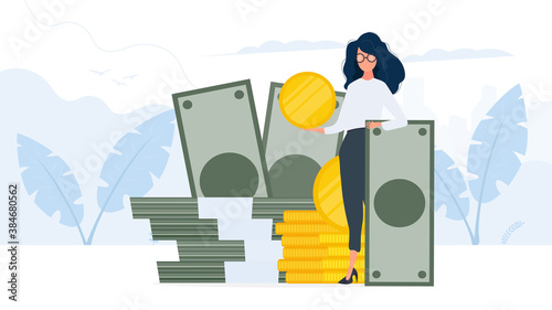 Woman and a mountain of money. The girl stands near gold coins and large dollar bills. A bundle of money. The concept of a successful business, earnings and wealth. Vector.