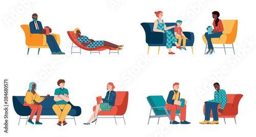 Psychologist session scenes set of private and group or couple therapy, flat cartoon vector illustration isolated on white background. Psychotherapist consulting clients.