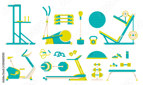 Set for sports, training, physical exercise, workout or fitness in the gym. Weight and cardio equipment. Vector illustration isolated on a white background.