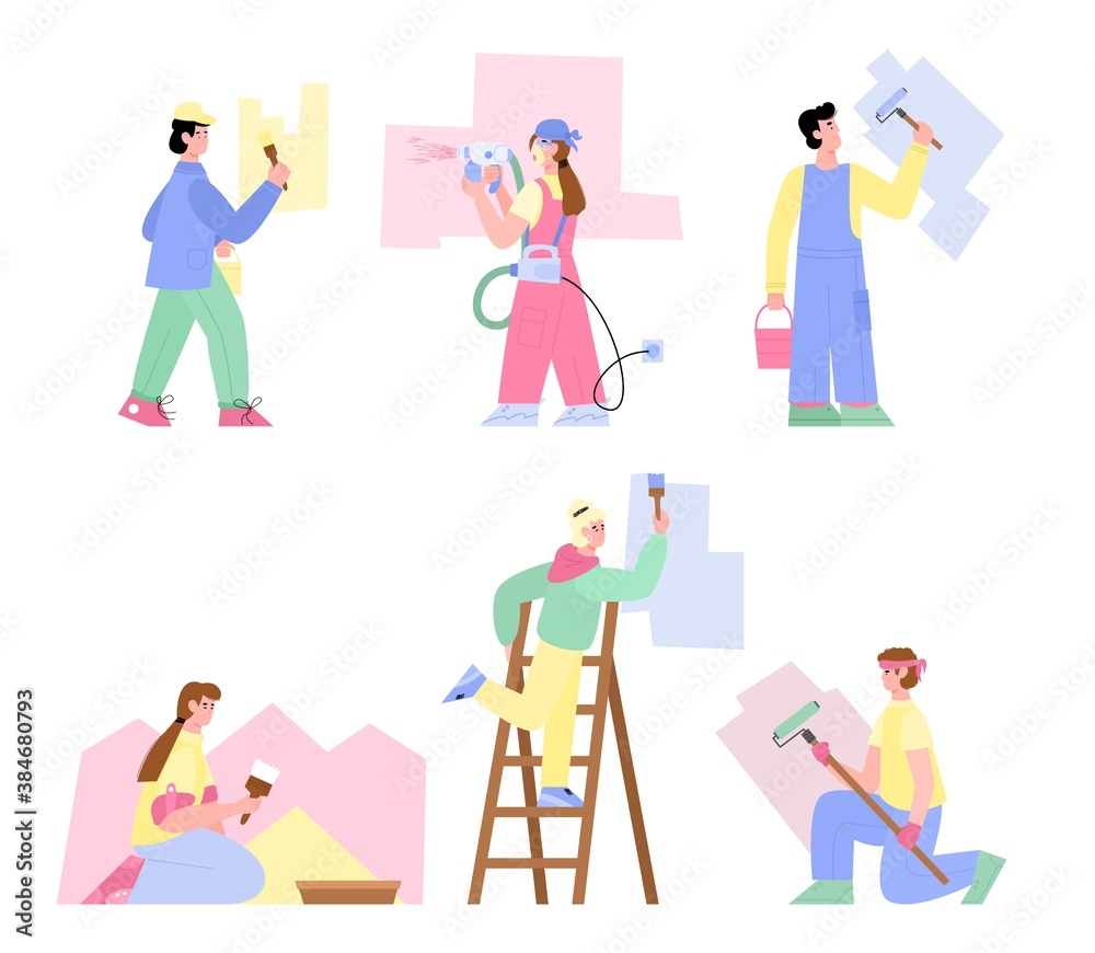 Working house painters cartoon characters set, flat vector illustration isolated on white background. Craftsman or handyman, workman painting walls with tools.