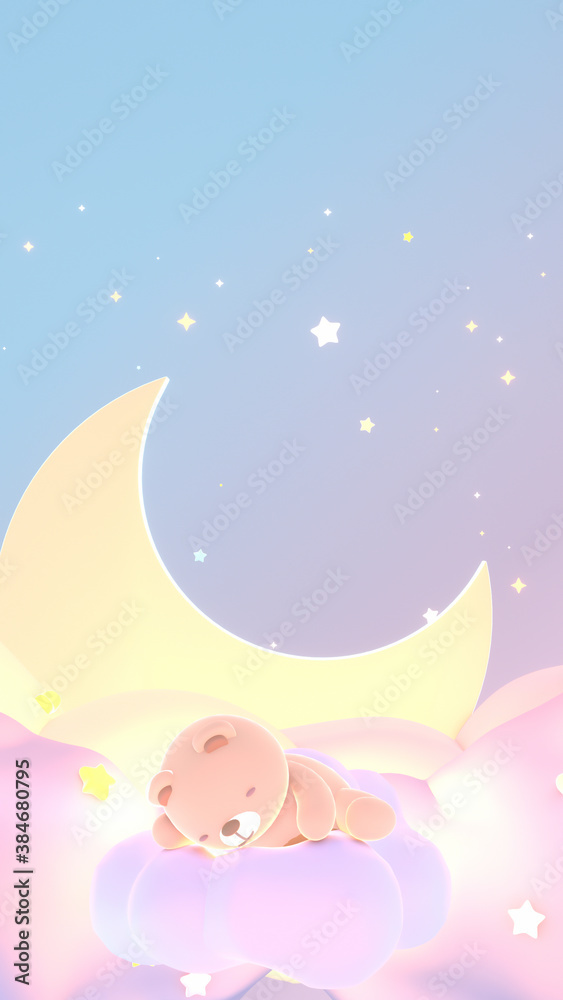 Cartoon baby animal dream. Cute bear sleeping on pastel clouds at night. 3d rendering picture. (Vertical) Cartoon baby animal dream. Cute bear sleeping on pastel clouds at night. 3d rendering picture. (Vertical)