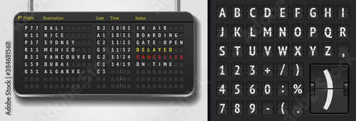 Analog scoreboard font on dark background. Vector airline departure board isolated. Realistic flip airport board template. Black 3d airport timetable with arrivals. Destination airline board