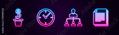 Set line Dollar plant in the pot, Clock, Referral marketing and Document. Glowing neon icon. Vector.