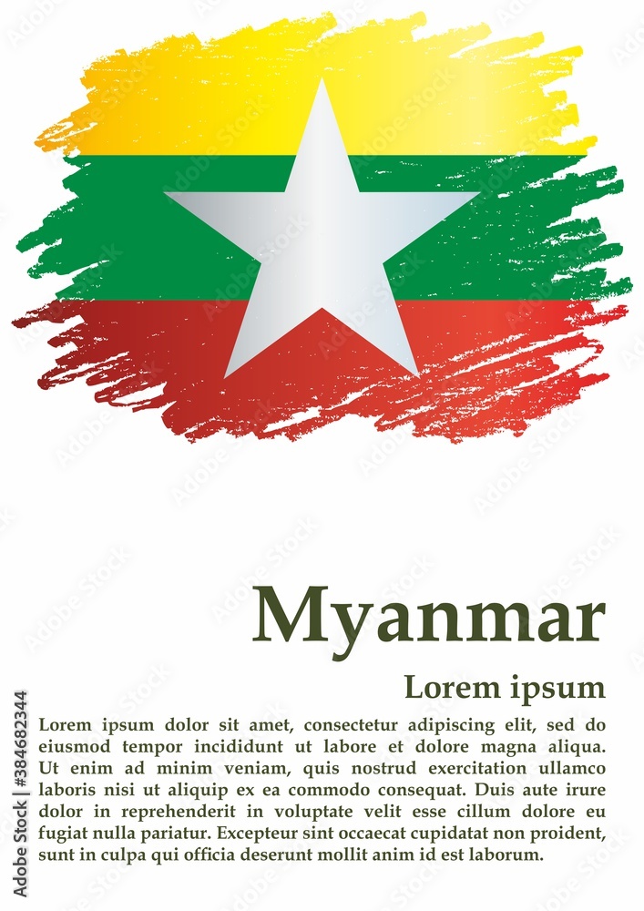 Obraz premium Flag of Myanmar, Republic of the Union of Myanmar. template for award design, an official document with the flag of Myanmar. Bright, colorful vector illustration 