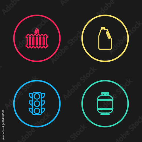 Set line Traffic light, Propane gas tank, Household chemicals bottle and Heating radiator icon. Vector.