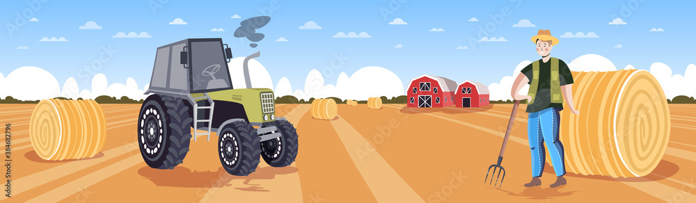 Obraz premium male farmer in uniform collecting hay tractor making straw bales on harvested wheat field eco farming agriculture concept horizontal full length vector illustration
