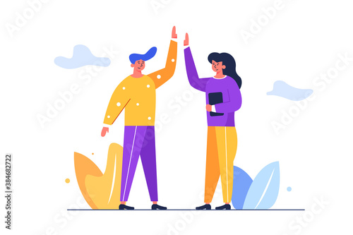 Guy and girl are happy and give five to each other on the street flat vector illustration isolated on white background