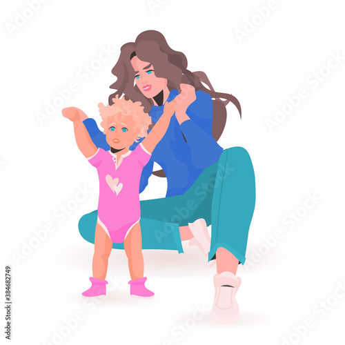 young mother playing with newborn baby happy family spending time together motherhood concept full length vector illustration