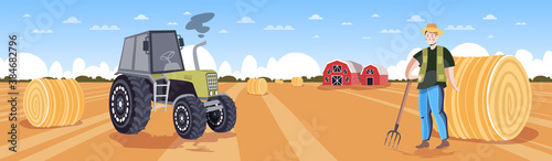male farmer in uniform collecting hay tractor making straw bales on harvested wheat field eco farming agriculture concept horizontal full length vector illustration