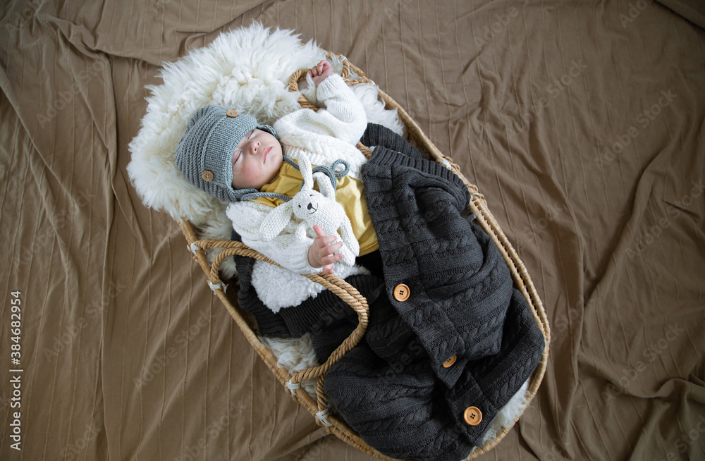 Obraz premium The baby sleeps sweetly in a wicker cradle in a warm knitted hat under a warm blanket. Carefree baby sleep concept.