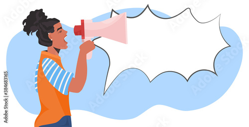 girl activist talking in loudspeaker female empowerment movement women power announcement concept portrait horizontal vector illustration