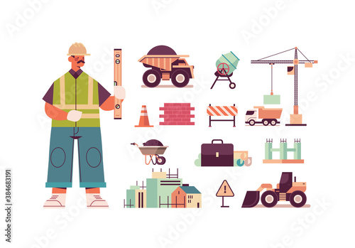 set engineering tools icons and engineer in uniform holding level construction of buildings concept full length isolated horizontal vector illustration