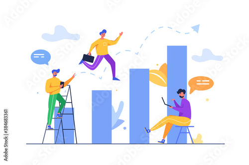 Group of guys moving towards success on an upward graphic to the top isolated on white background, flat vector illustration