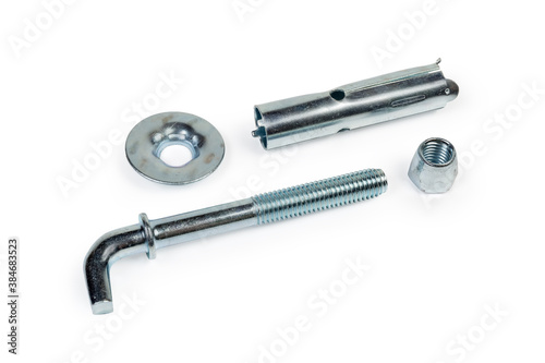 Disassembled anchor bolt wedge type with hook on white background © An-T