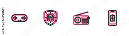 Set line Gamepad, Radio, UV protection and Smartphone battery charge icon. Vector.
