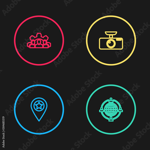 Set line Location with star, Outsourcing concept, Car DVR and Project team base icon. Vector.