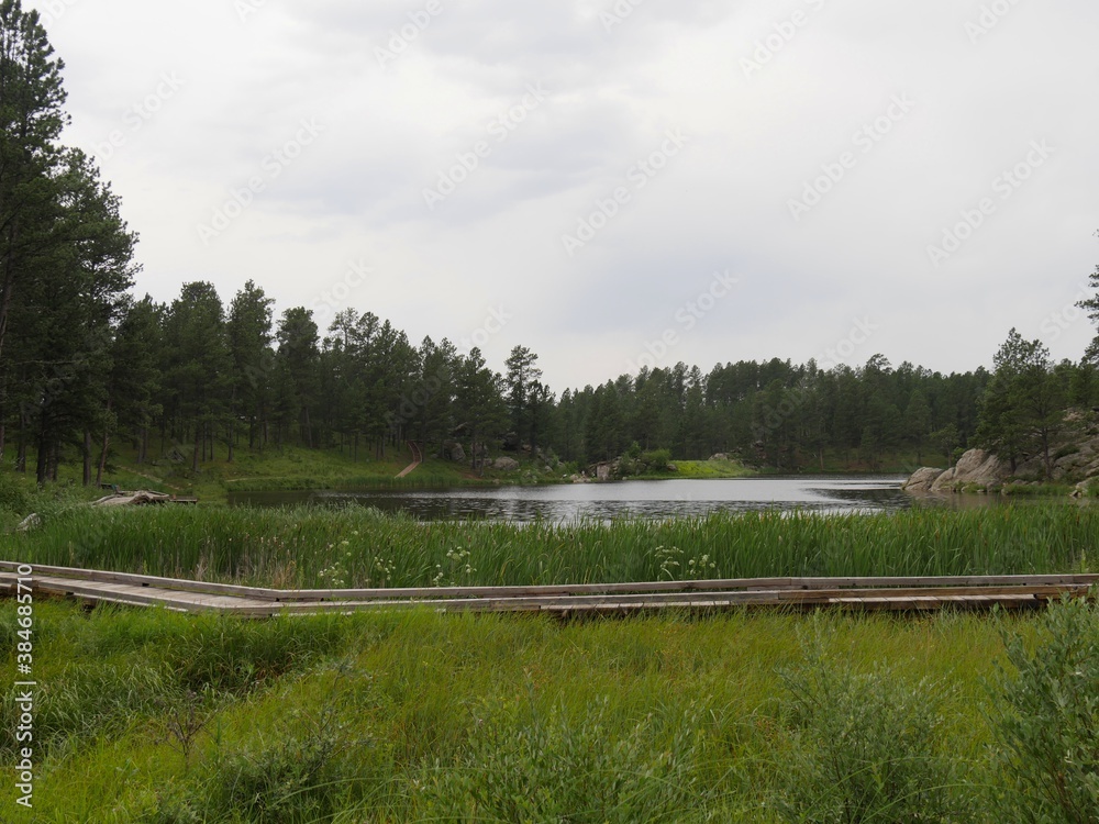 Wide view of Bismark Lake, one of the lakes at Custer State Park in South Dakota.