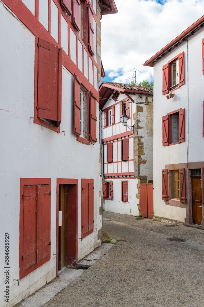 Typical houses in the village of Espelette in the Basque country
