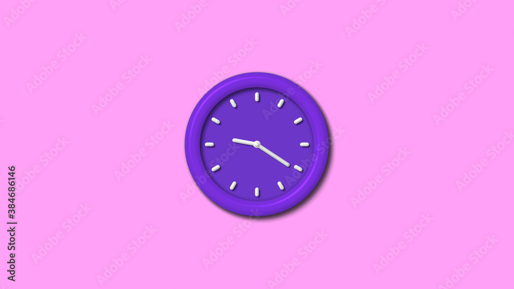 New purple dark 3d wall clock isolated on pink light background, 12 hours counting down wall clock