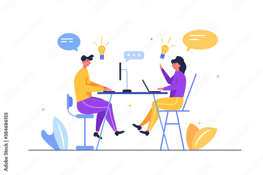 Guy and girl open a conversation at the table with a computer and laptop, and come up with ideas, isolated on white background, flat vector illustration