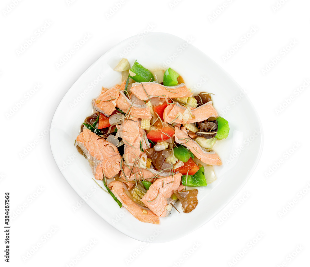 stir fried salmon with sweet bell pepper on dish isolated on white background ,include clipping path stir fried salmon with sweet bell pepper on dish isolated on white background ,include clipping path