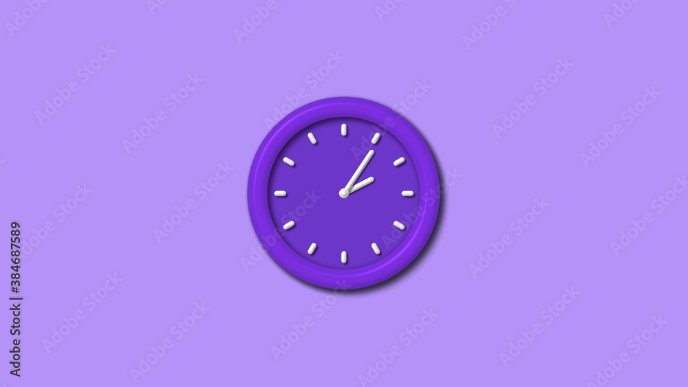 New 12 hours purple color 3d wall clock isolated on purple light background, Counting down 3d wall clock