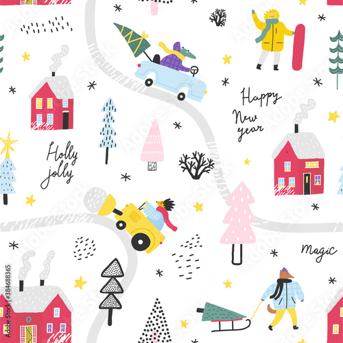 Winter landscape with cute animals, cars and red houses. Winter forest. Childish seamless pattern. Christmas background.