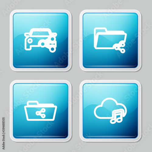 Set line Car sharing, Share folder, and Music streaming service icon. Vector.