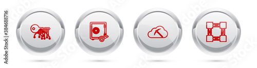 Set line Cryptocurrency key, Proof of stake, cloud mining and Blockchain technology. Silver circle button. Vector.