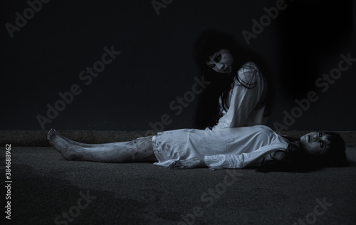 Woman ghost horror her dead and sleeping, halloween concept
