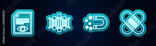 Set line Paper page with eye, Genetic engineering, Magnet money and Crossed bandage plaster. Glowing neon icon. Vector.