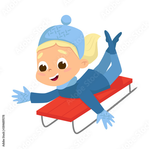 Cute Girl Sledging Down the Hill Vector Illustration