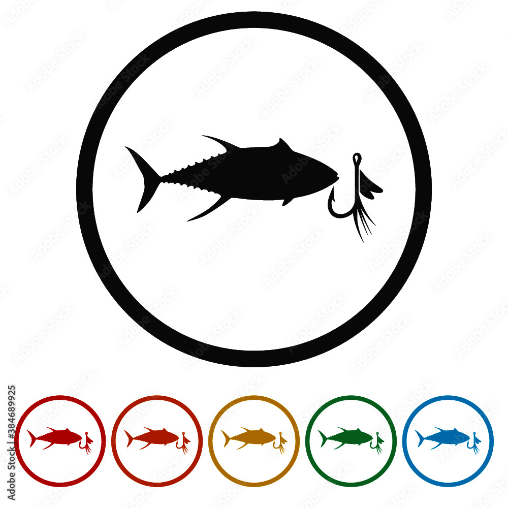 Fish and Fish lure ring icon, color set Fish and Fish lure ring icon, color set