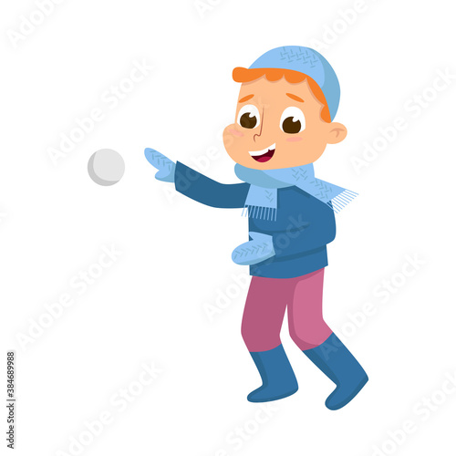 Cute Boy in Warm Hat and Knitted Mittens Playing Snowball Fight Vector Illustration