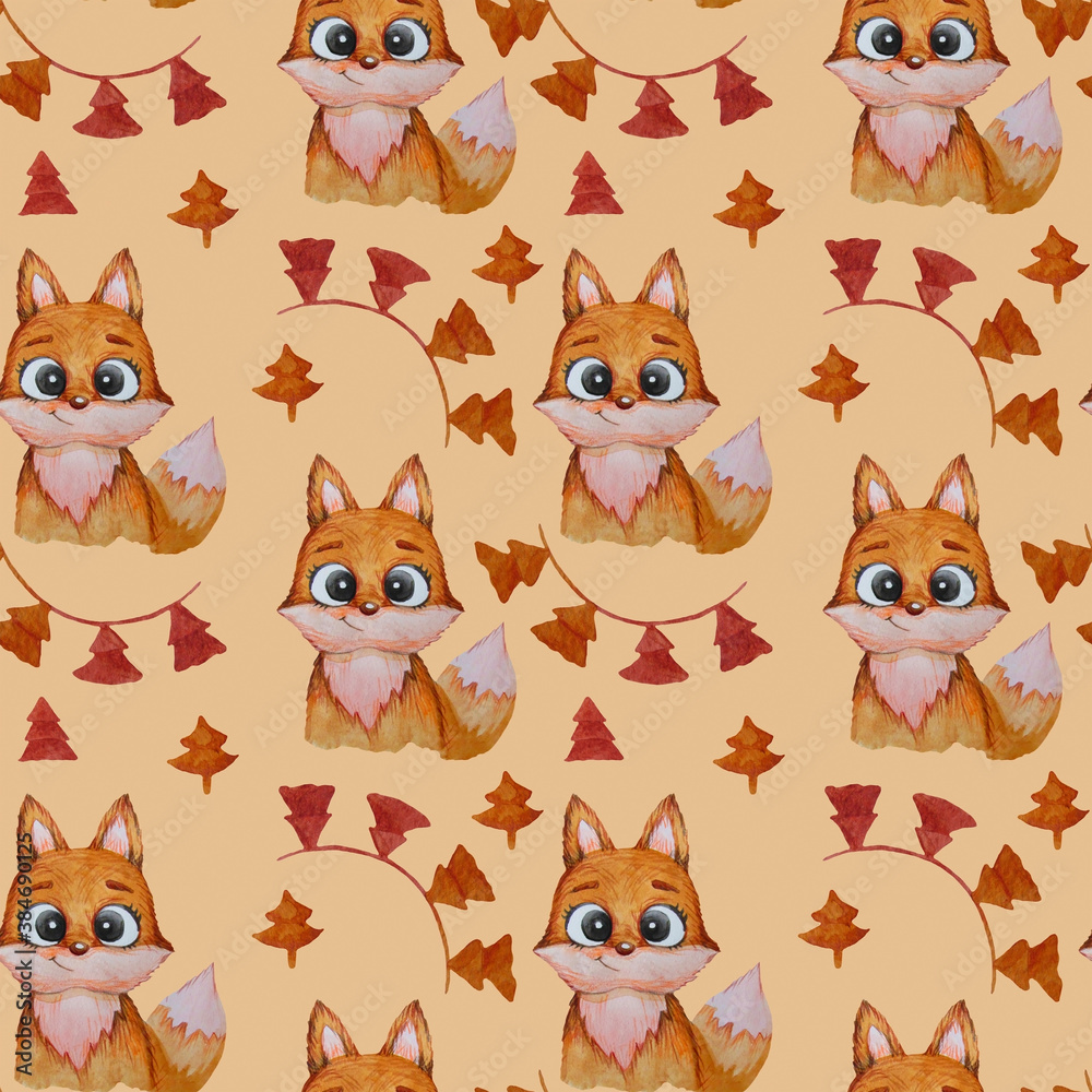 fox seamless patterns. Cute red fox with a smile and Christmas garlands on an orange background. Watercolor. Cute illustration for design and decoration fox seamless patterns. Cute red fox with a smile and Christmas garlands on an orange background. Watercolor. Cute illustration for design and decoration