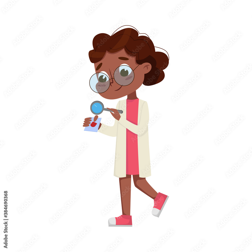 Cute Girl in Laboratory Coat Examining Chemical Reaction Through Magnifying Glass Vector Illustration