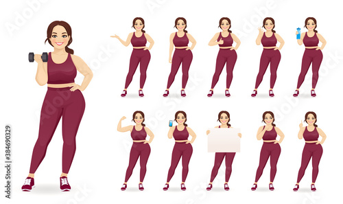 Sport fitness plus size woman in sportswear set isolated vector illustration