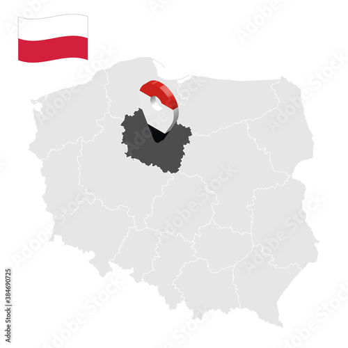 Location of Kujawy-Pomerania Province on map Poland. 3d location sign similar to the flag of Kujawy-Pomerania. Quality map with provinces of Poland for your design. EPS10. 
